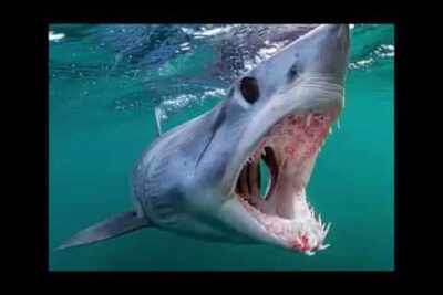 Tiburón con la boca abierta mostrando dientes afilados en aguas turquesas ofUNhvSHQdw