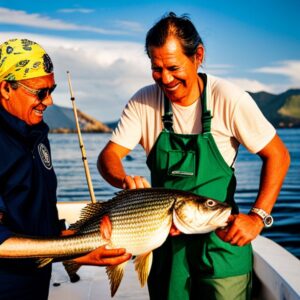 Dos pescadores sonrientes sostienen un gran pez en la cubierta de un barco frente a un paisaje costero, organizaciones pesca deportiva sostenible conservacion