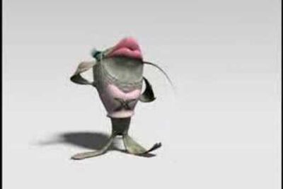 Pez caricaturesco de pie con labios prominentes y tonos verdes y rosados pT84PWzI0DI.