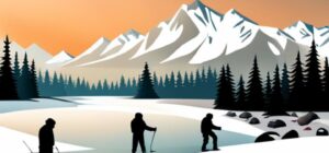 Tres pescadores buscando peces en hielo en un lago helado frente a montañas nevadas al atardecer