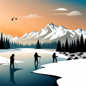 Tres pescadores buscando peces en hielo en un lago helado frente a montañas nevadas al atardecer