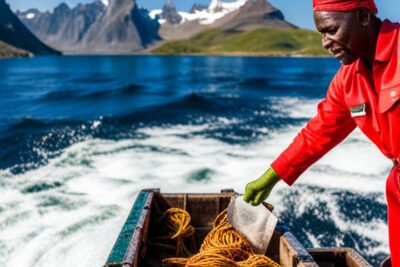 Pescador en cubierta manipulando cuerdas y aparejos frente a montañas nevadas, pesca comercial sostenible iniciativas internacionales