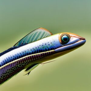 Mosca artificial con cuerpo iridiscente y ojo prominente que imita un alevín para pesca con mosca agua salada guia trucha mar.