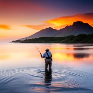Pescador vadeando al atardecer practicando pesca con mosca en agua salada especies tecnicas africa