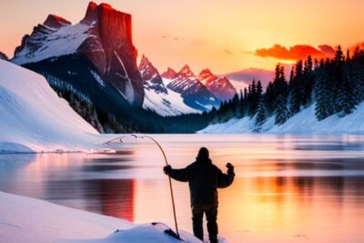 Pescador de espaldas junto a un lago congelado al atardecer practicando pesca en hielo antiguedad historia tecnicas.