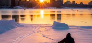Persona practicando pesca en hielo influencia comunidades historicas al amanecer frente a un skyline urbano