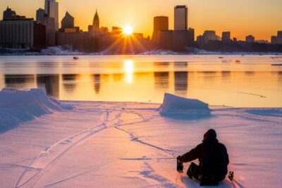 Persona practicando pesca en hielo influencia comunidades historicas al amanecer frente a un skyline urbano