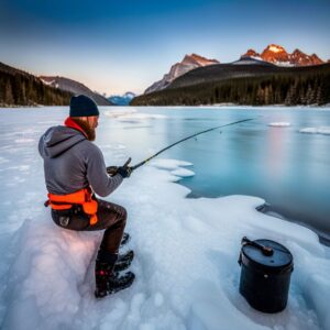 Pescador sentado sobre un lago congelado con caña y cubo junto al borde del agua, paisaje montañoso al atardecer; pesca en hielo vs pesca convencional cual elegir