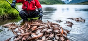 Pescador arrodillado junto a una gran acumulación de peces en la orilla, pesca no regulada consecuencias ambientales agotamiento recursos evidente