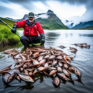 Pescador arrodillado junto a una gran acumulación de peces en la orilla, pesca no regulada consecuencias ambientales agotamiento recursos evidente