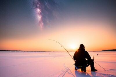 Pescador solitario sentado sobre el hielo al atardecer con caña y taladro, escena que evoca pesca nocturna hielo guia consejos temporada.
