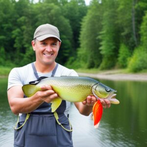 Pescador sonriente sostiene un pez atrapado con un llamativo señuelo rojo en un lago, pesca senuelos artificiales agua dulce tecnicas efectivas