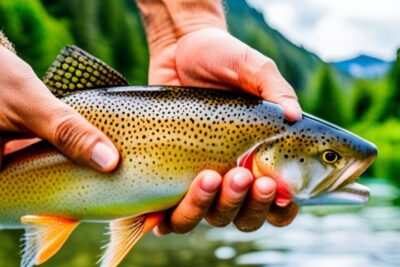 Manos que sostienen una trucha de colores vivos sobre aguas claras, pesca truchas aguas claras tecnica efectiva consejos trucos.