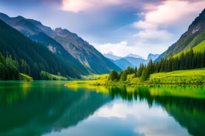 Lago de montaña sereno con orillas arboladas y reflejos, ideal para pescar truchas en lago consejos lugares destacados.
