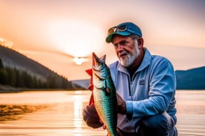 Pescador sosteniendo un pez grande al atardecer en un lago, ilustrando peso equilibrio senuelo pesca como afecta exito