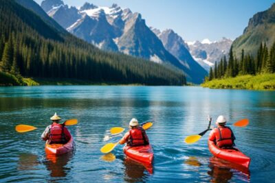 Tres personas en kayaks rojos en un lago de montaña con chalecos salvavidas y palas, ejemplo visual de precauciones seguridad competencias pesca kayak.