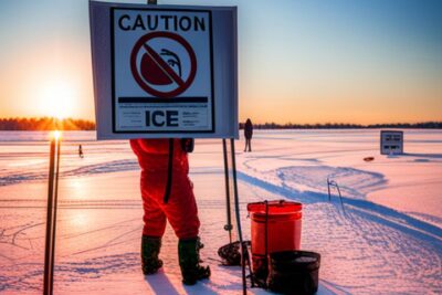 Persona junto a un cartel de advertencia sobre hielo y equipo de pesca que ilustra precauciones seguridad pesca hielo guia esencial.