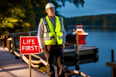 Hombre con chaleco reflectante y casco junto a un cartel 'Life First' en un muelle al anochecer, ilustrando precauciones seguridad pescar noche.