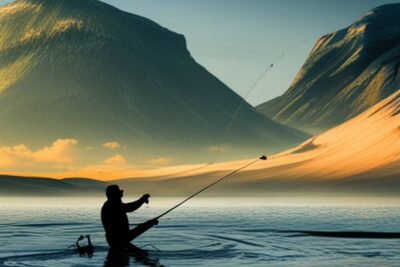 Silueta de pescador vadeando en calma buscando la profundidad ideal pescar salmon