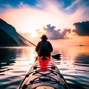 Remero en kayak pescando al atardecer sobre aguas tranquilas que protege accesorios pesca kayak humedad con prácticas de almacenamiento