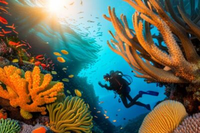 Buceador entre arrecifes de coral coloridos y peces tropicales, proteger ecosistemas marinos guia completa actualizada