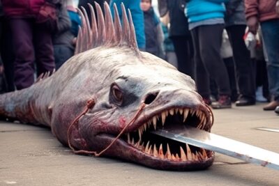 Pez de aguas profundas con grandes dientes y una hoja metálica en la boca observado por una multitud, qO91UKtspkc