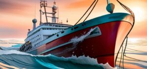 Barco pesquero en alta mar con olas al amanecer que es la pesca de arrastre impacto ambiental soluciones