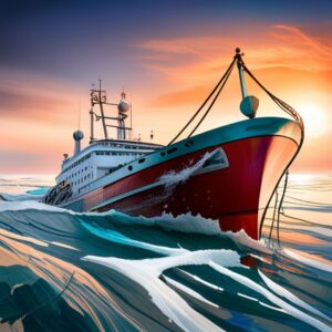 Barco pesquero en alta mar con olas al amanecer que es la pesca de arrastre impacto ambiental soluciones