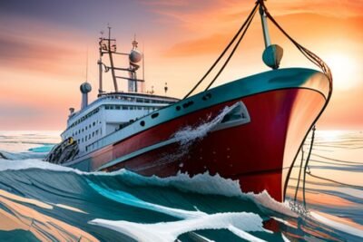 Imagen de un barco arrastrando una red de pesca gigante sobre el fondo marino