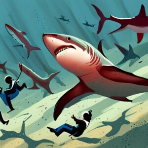 Ilustración de tiburones y buceadores en el fondo marino que es pesca ilegal tiburones todo saber
