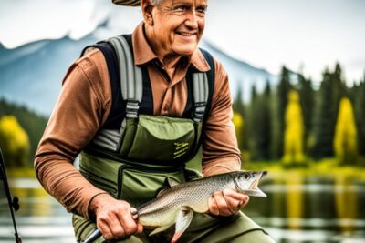 Pescador sonriente en waders sosteniendo un pez en un lago y consejos sobre que protectores cana pesca mosca agua salada
