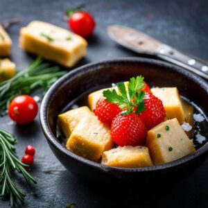 Tazón de cubos dorados crujientes con fresas y hierbas, inspiración para recetas deliciosas higado peces pesca hielo