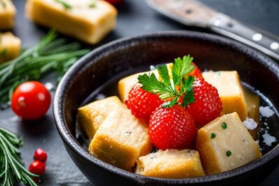 Tazón de cubos dorados crujientes con fresas y hierbas, inspiración para recetas deliciosas higado peces pesca hielo