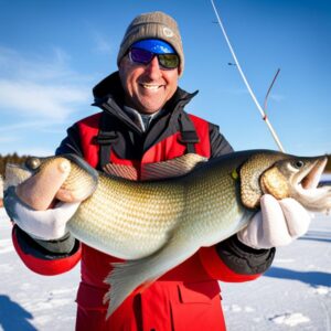 Pescador con abrigo rojo sostiene un gran pescado sobre el hielo, evocando recetas tradicionales cocina pescado pesca hielo.