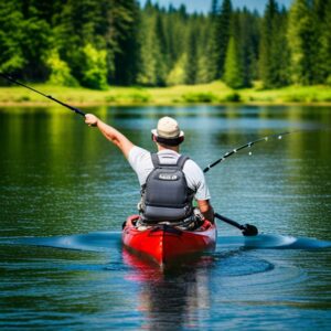 Pescador en kayak rojo con chaleco y caña en un lago tranquilo mostrando recomendaciones consejos accesorios pesca kayak mosca