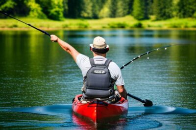 Pescador en kayak rojo con chaleco y caña en un lago tranquilo mostrando recomendaciones consejos accesorios pesca kayak mosca