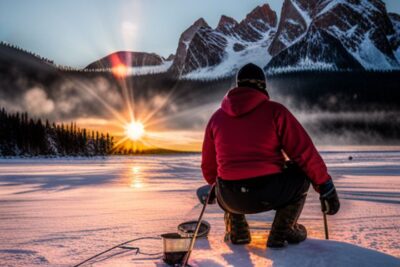 Pescador agazapado sobre un lago helado al amanecer frente a montañas nevadas, registros historicos pesca hielo mirada fascinante.