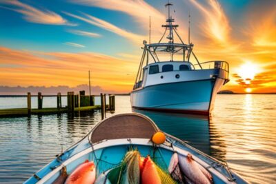 Barco pesquero y pequeña embarcación con redes y peces al amanecer, ilustrando regulaciones pesca comercial sostenible guia completa