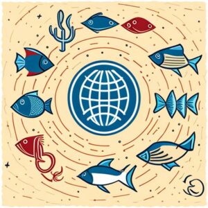 Icono de globo rodeado de peces y elementos marinos que representa regulaciones pesca sostenible acuicultura.