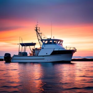 Barco de pesca al atardecer reflejado en el agua, regulaciones pesqueras beneficios importancia cumplimiento.