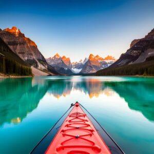 Proa de kayak rojo sobre aguas turquesa con montañas reflejadas, reparacion agujero kayak pesca
