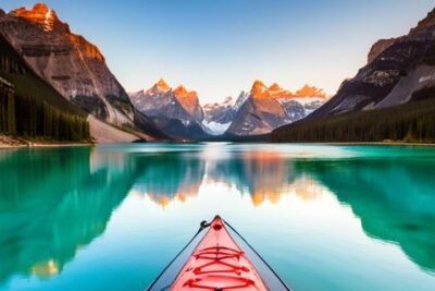 Proa de kayak rojo sobre aguas turquesa con montañas reflejadas, reparacion agujero kayak pesca