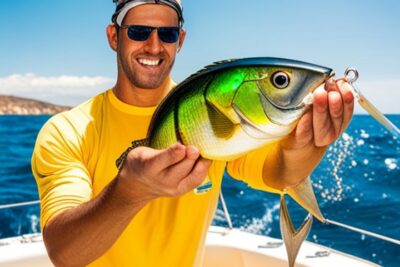 Hombre en embarcación mostrando un señuelo con forma de pez para senuelos artificiales pesca dorado
