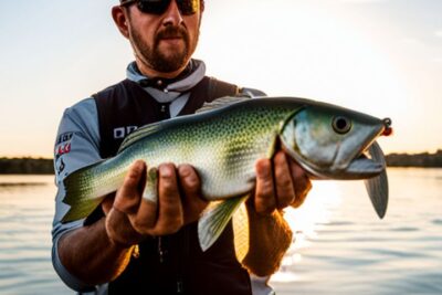 Pescador sosteniendo un pez frente a un lago al atardecer, senuelos artificiales superficie vs profundidad cual elegir