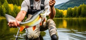 Pescador en vadeo mostrando una captura que invita a debatir senuelos blandos vs duros cual es mejor para la pesca