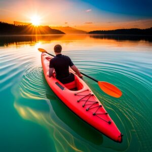 Kayak rojo en aguas tranquilas al atardecer solucion fuga aire camara inflable kayak pesca