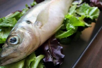 Pescado entero reposando sobre hojas verdes en un plato oscuro, presentación fresca tUyozf KFtc