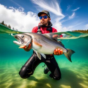 Pescador sostiene un salmón grande en agua cristalina como referencia de tamano minimo legal pescar salmon.