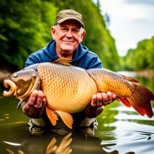 Hombre mayor sostiene una carpa grande en el agua como referencia de tamano promedio carpas datos consejos cuidado.