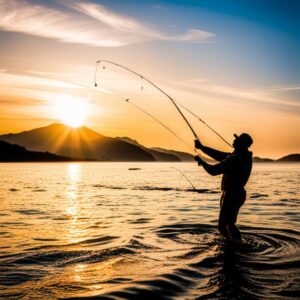 Silueta de un pescador vadeando y lanzando la caña al atardecer tecnica lanzamiento pescar dorados guia consejos efectivos